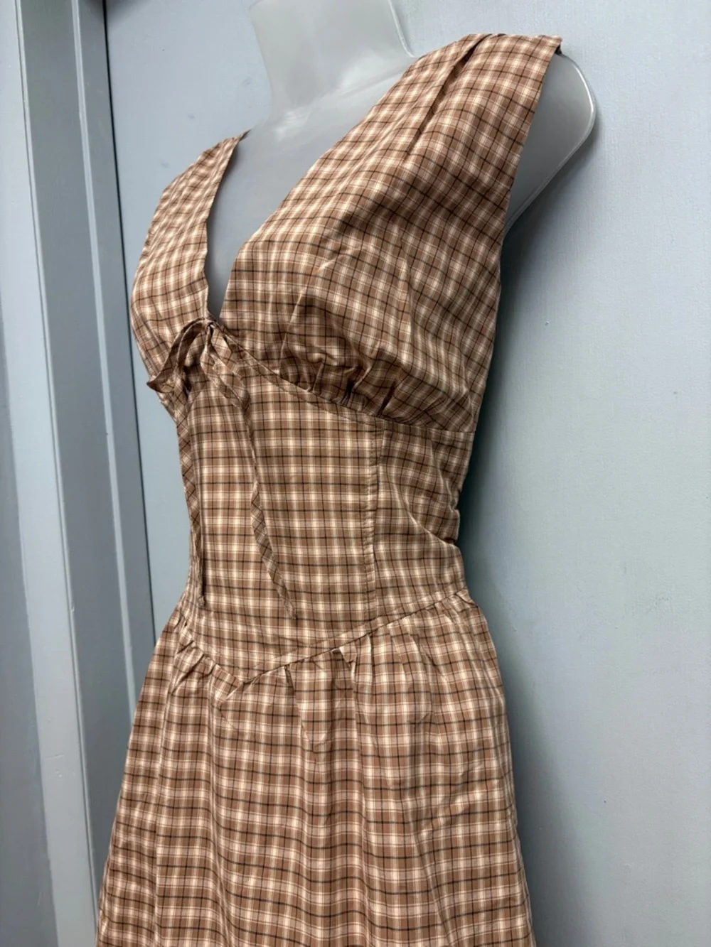 Pink Lily Brown Plaid Cotton Mini Dress Tie Front Cottagecore XL - Picture 3 of 11